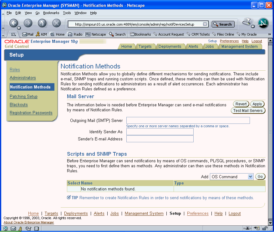Shows Mail Server def fields on Notification Methods pg