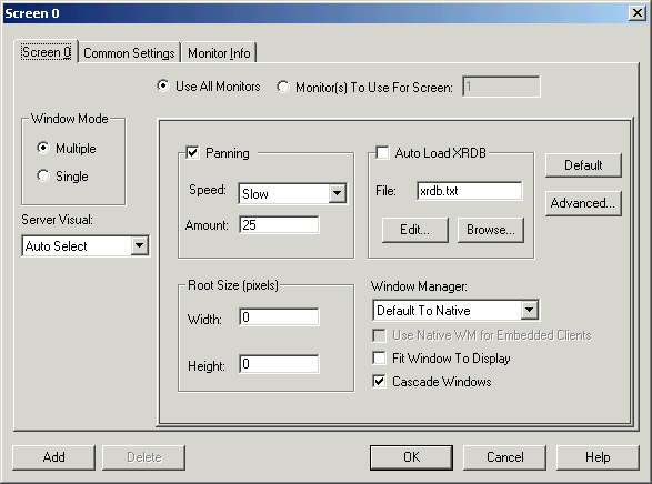 Exceed's Screen 0 dialog, Window Manager set to Native