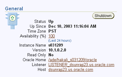 This screenshot shows the General section of the Enterprise Manager home page. This section contains the Shutdown/Starup button. It also shows the state of the database instance, which in this case is Up.